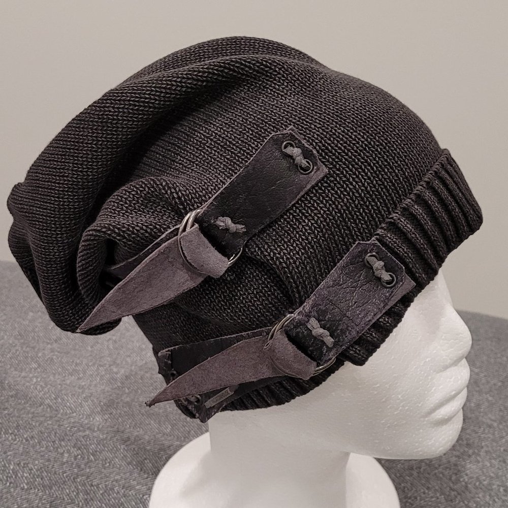 Slouchy Black Knit Hat with Buckle Accents - Hippie Style